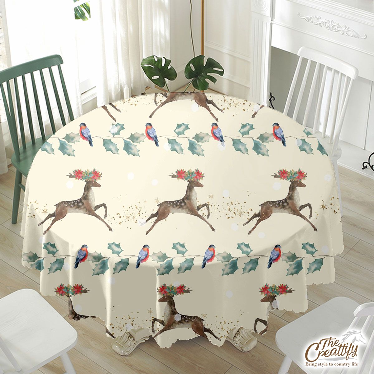 Christmas Deer And Bullfinch Pattern Waterproof Tablecloth