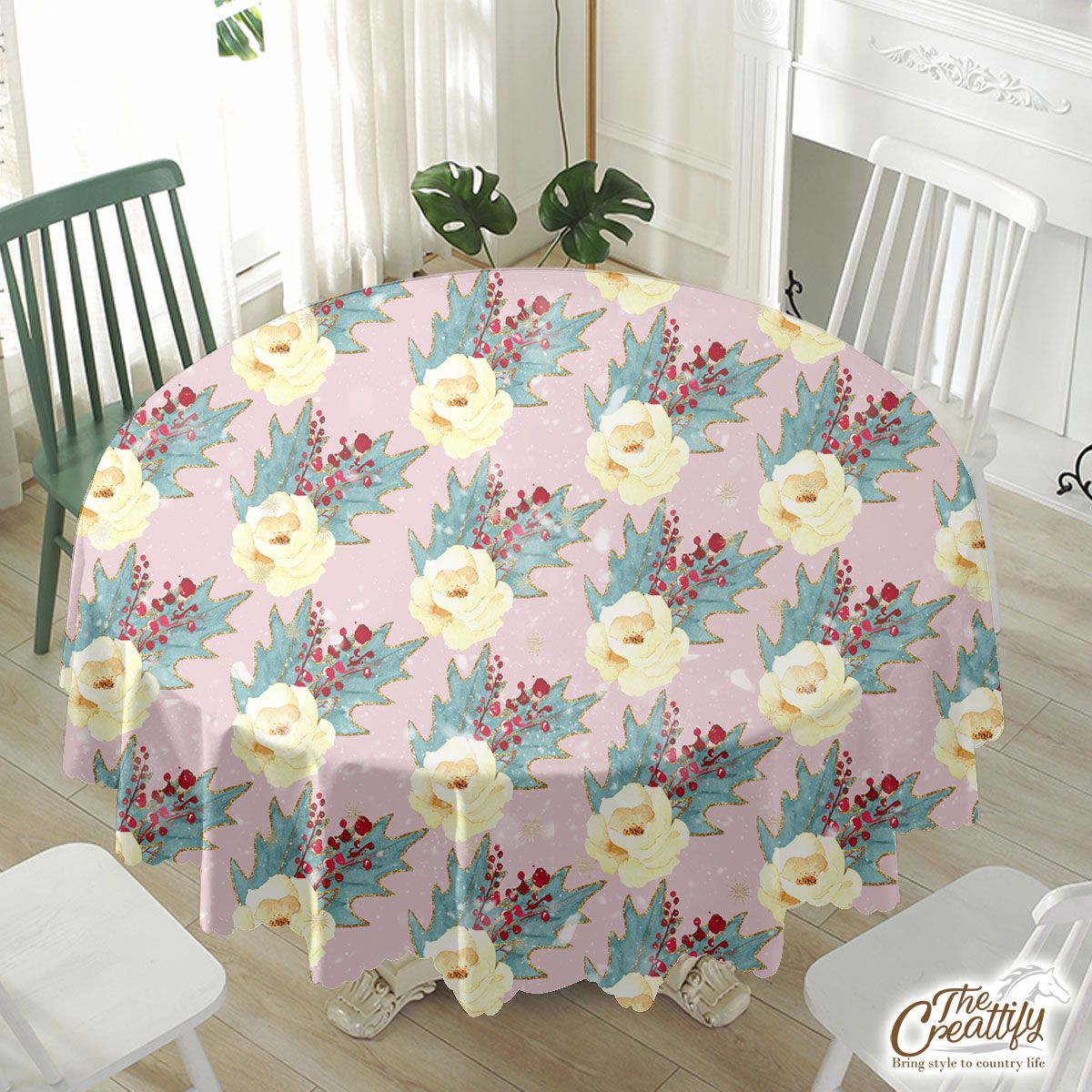 Floral And Holly Leaf Pattern Waterproof Tablecloth