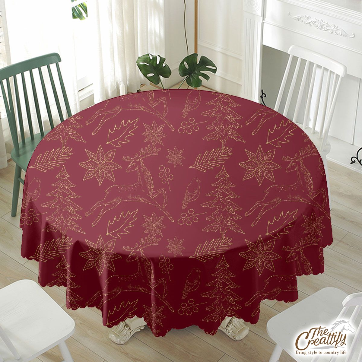 Poinsettia, Deer And Holly Leaf Pattern Waterproof Tablecloth
