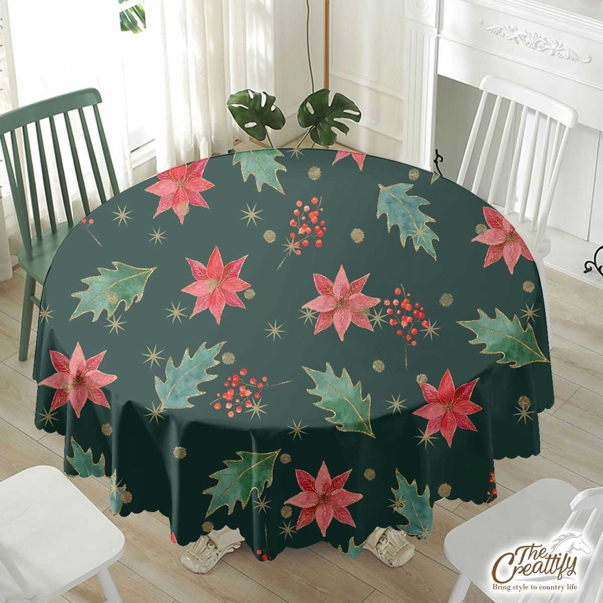Poinsettias For Christmas And Holly Leaf Pattern Waterproof Tablecloth