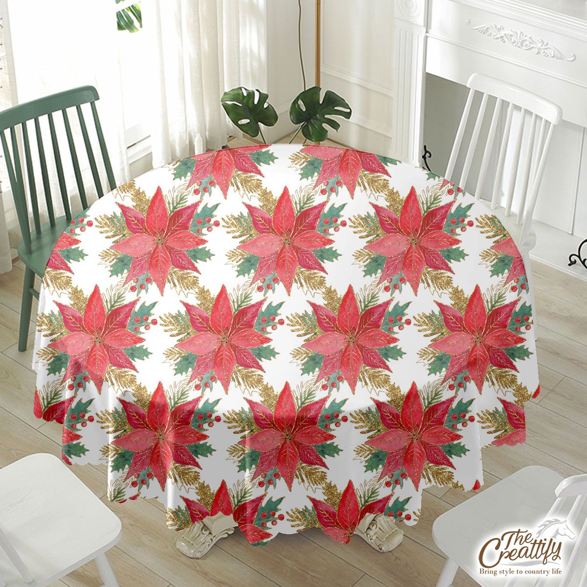 Poinsettias For Christmas Seamless Pattern Waterproof Tablecloth