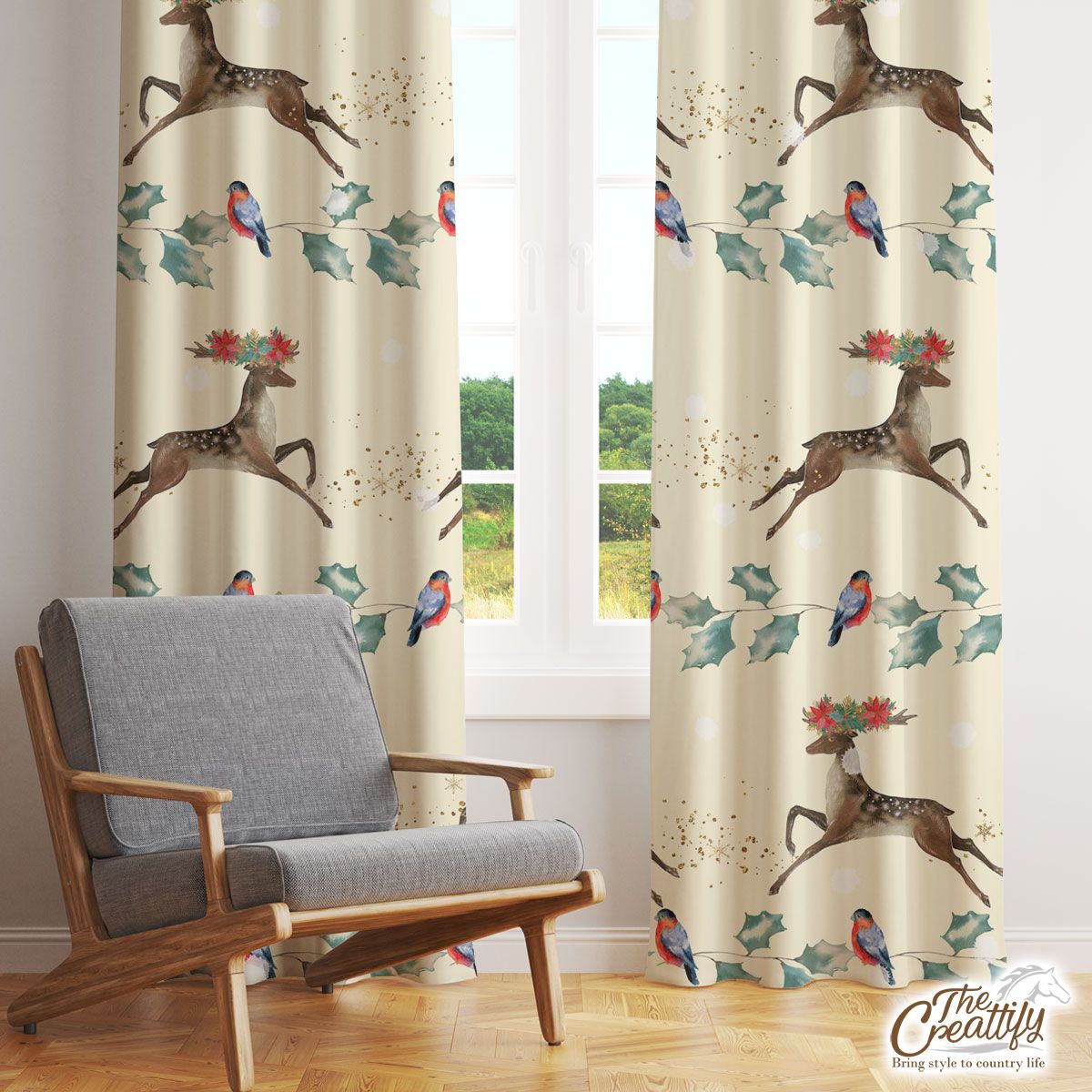 Christmas Deer And Bullfinch Pattern Window Curtain