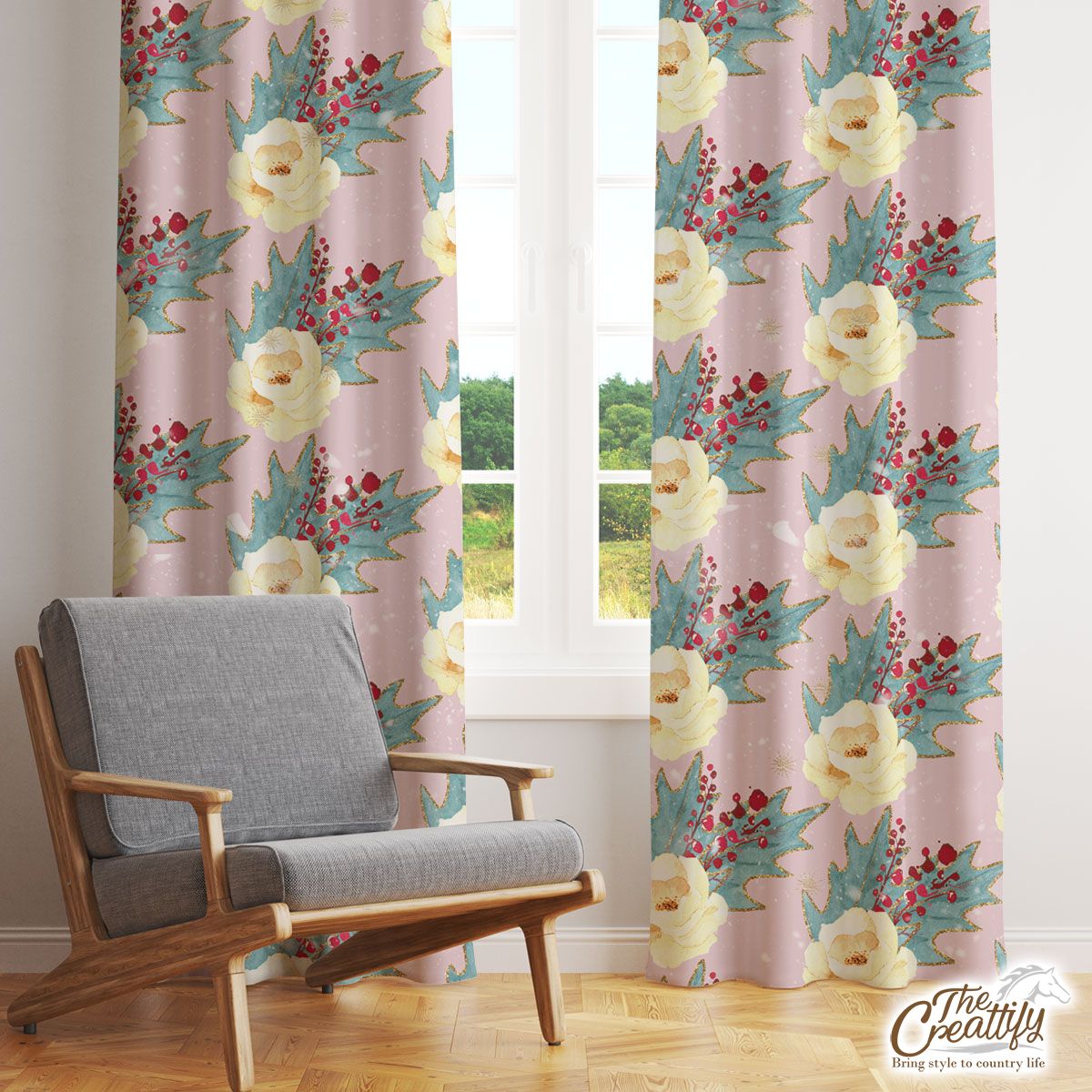Floral And Holly Leaf Pattern Window Curtain