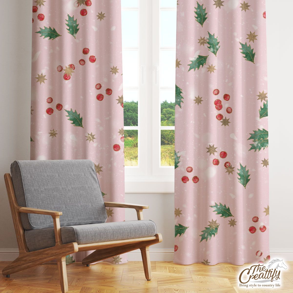 Holly Leaf With Christmas Star Pattern Window Curtain