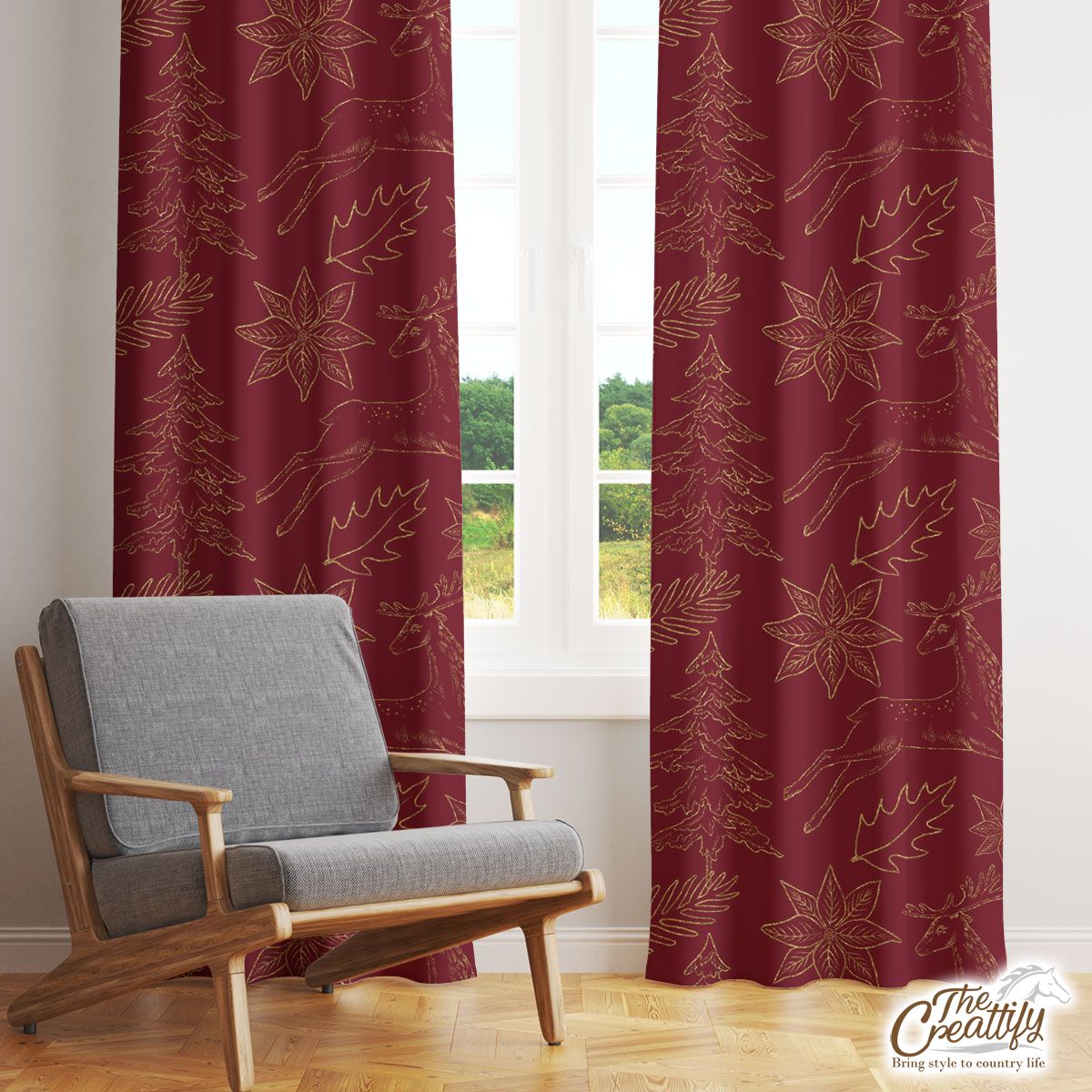 Poinsettia, Deer And Holly Leaf Pattern Window Curtain