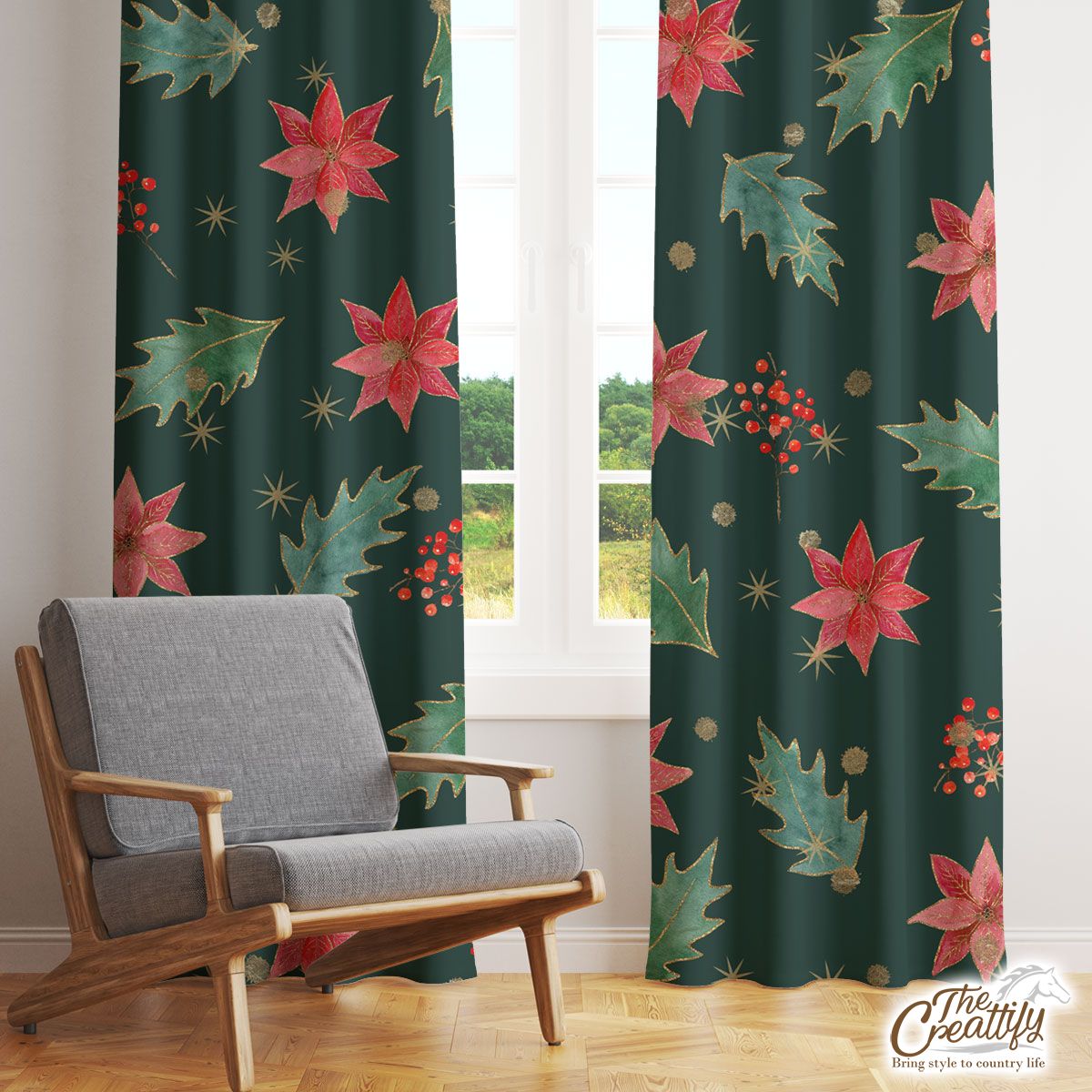 Poinsettias For Christmas And Holly Leaf Pattern Window Curtain