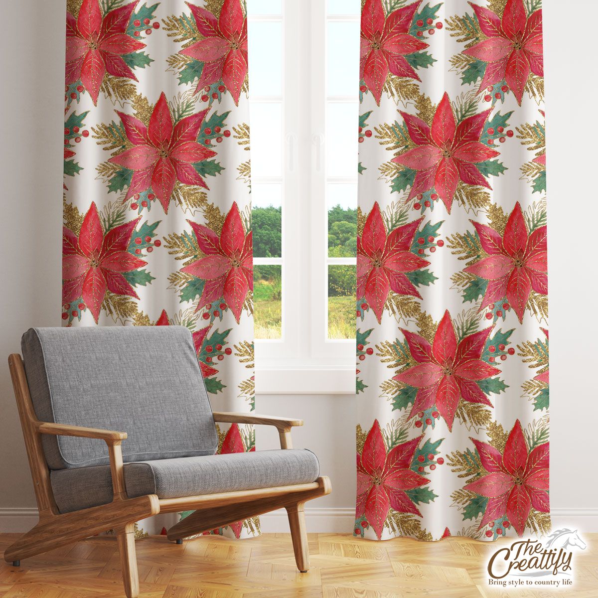 Poinsettias For Christmas Seamless Pattern Window Curtain