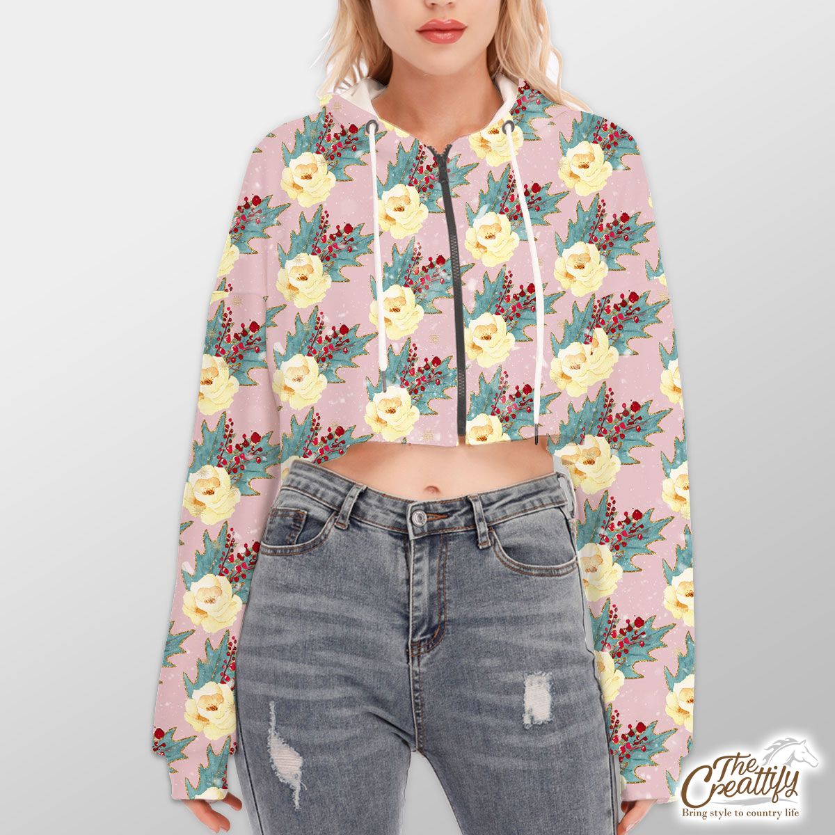 Floral And Holly Leaf Pattern Hoodie With Zipper Closure