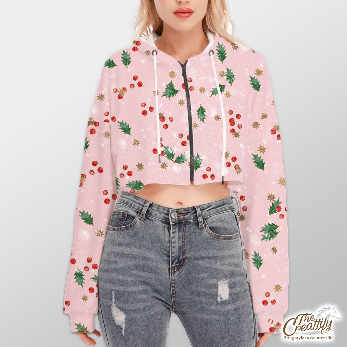 Holly Leaf With Christmas Star Pattern Hoodie With Zipper Closure