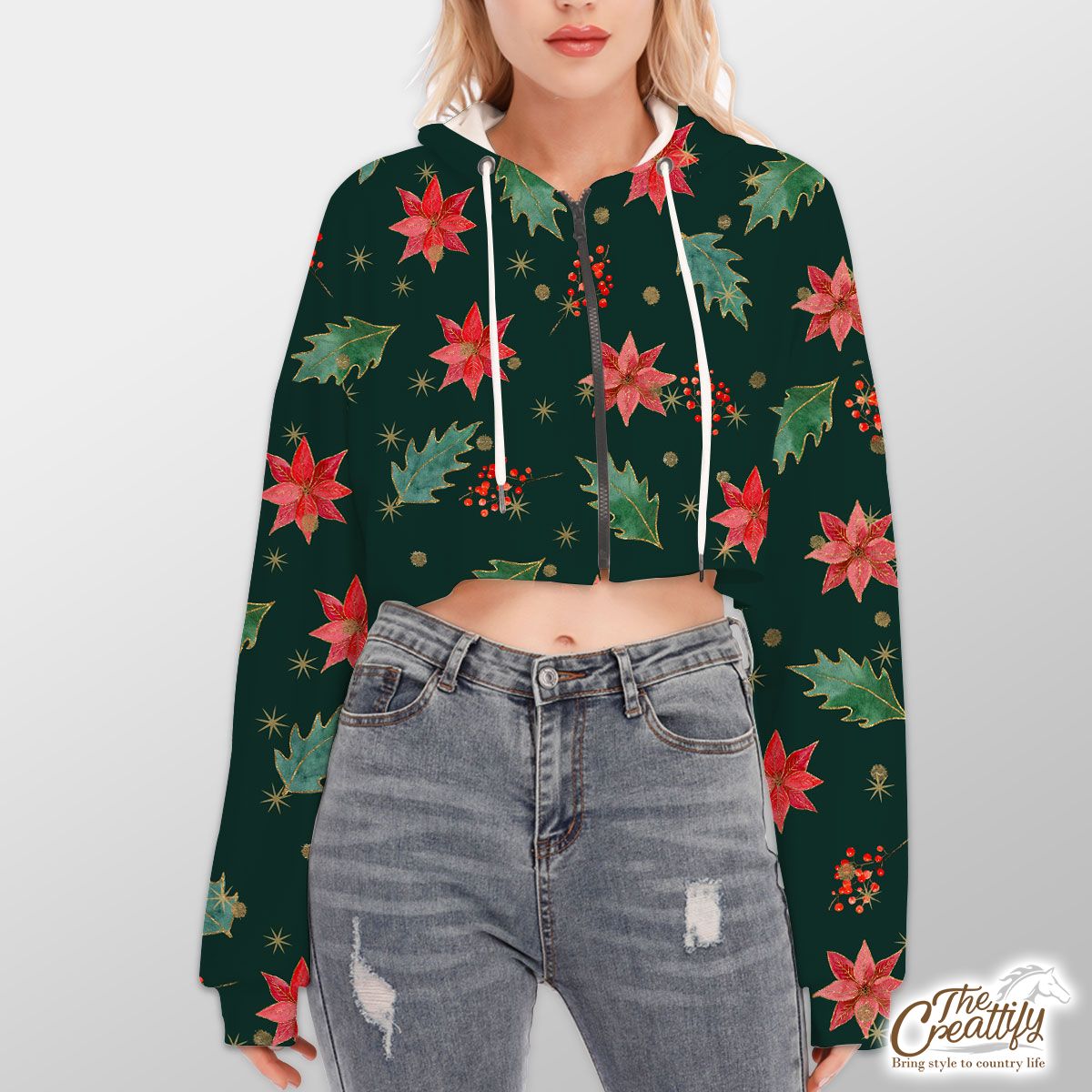 Poinsettias For Christmas And Holly Leaf Pattern Hoodie With Zipper Closure