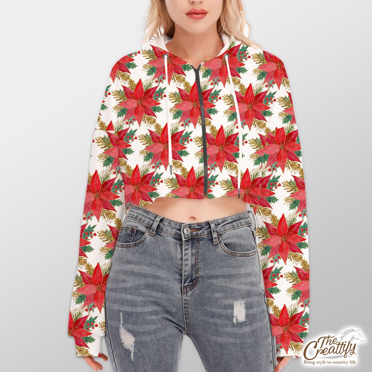 Poinsettias For Christmas Seamless Pattern Hoodie With Zipper Closure