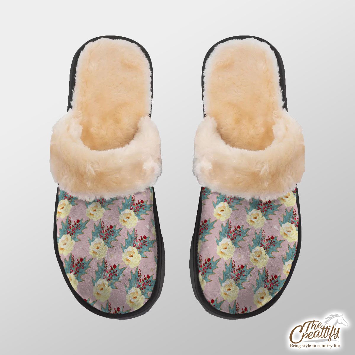 Floral And Holly Leaf Pattern Home Plush Slippers