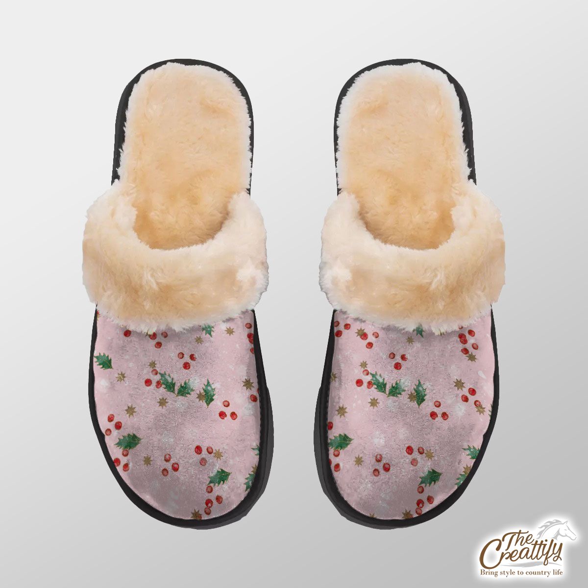 Holly Leaf With Christmas Star Pattern Home Plush Slippers