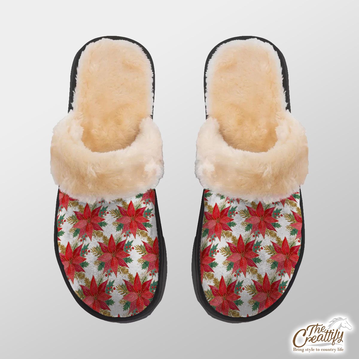 Poinsettias For Christmas Seamless Pattern Home Plush Slippers