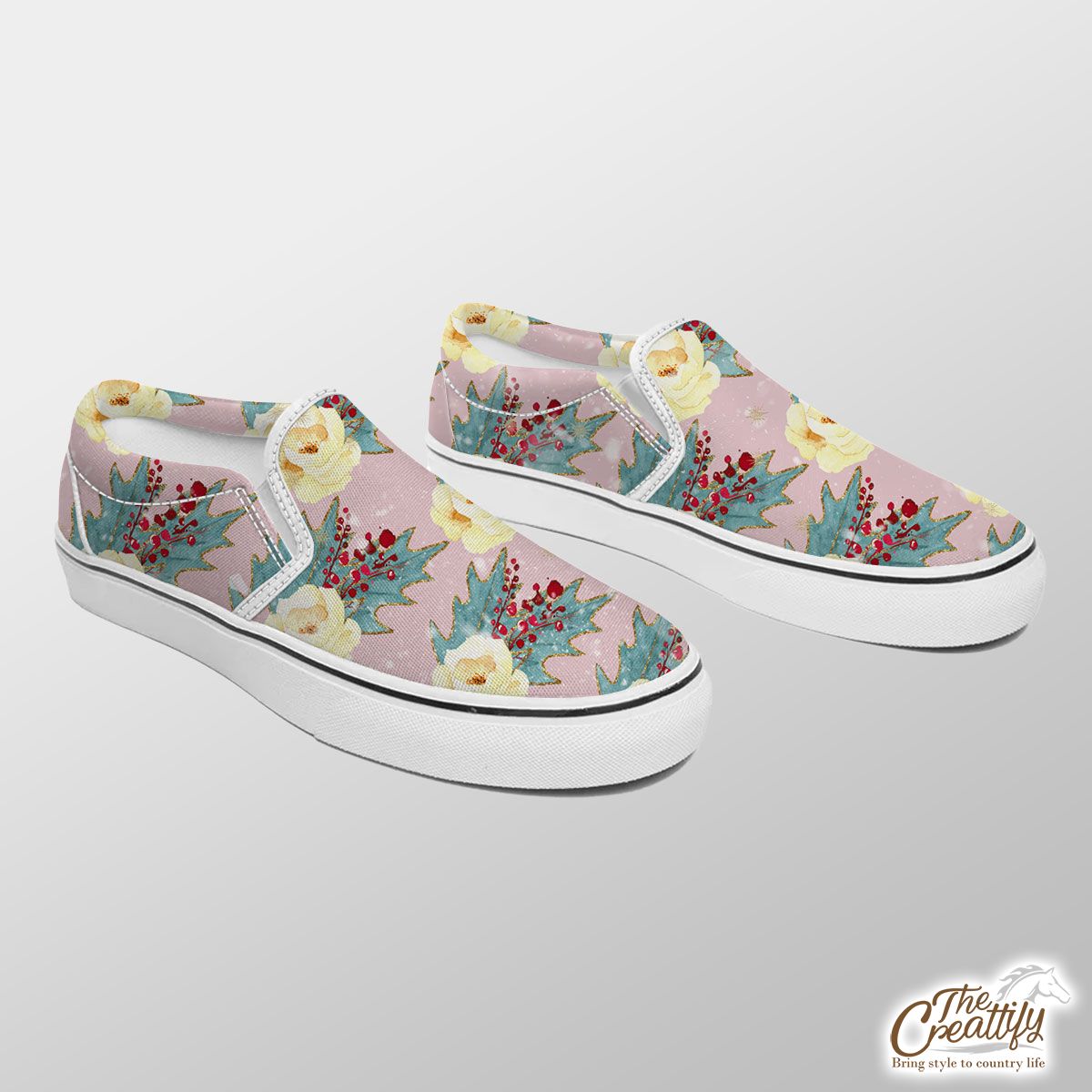 Floral And Holly Leaf Pattern Slip On Sneakers