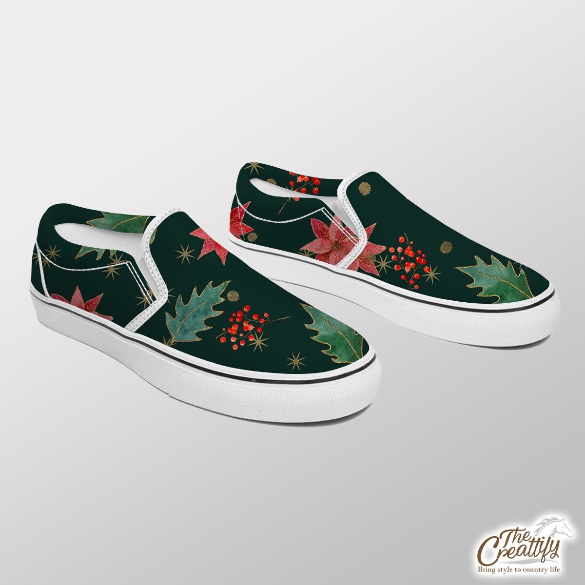 Poinsettias For Christmas And Holly Leaf Pattern Slip On Sneakers