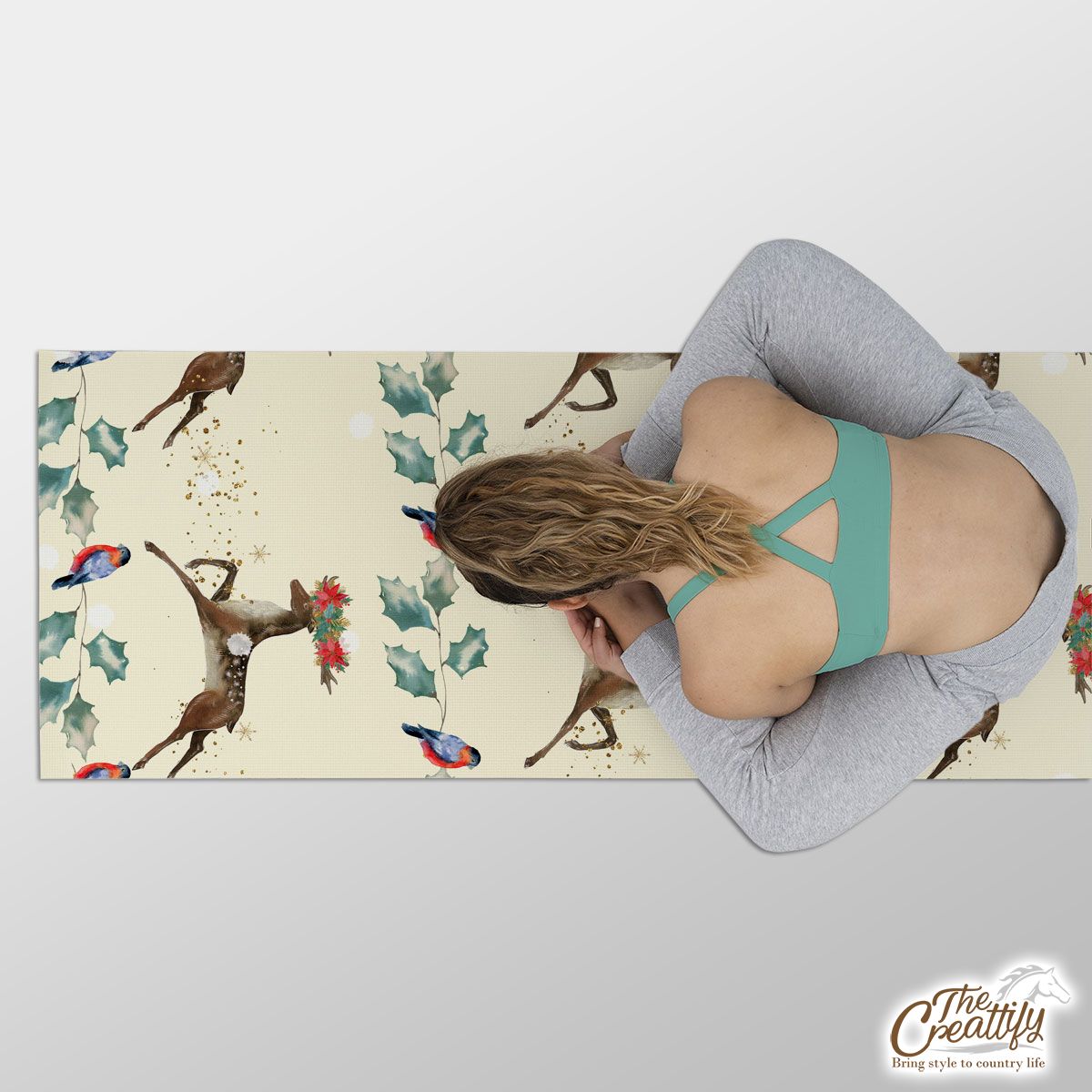 Christmas Deer And Bullfinch Pattern Yoga Mat