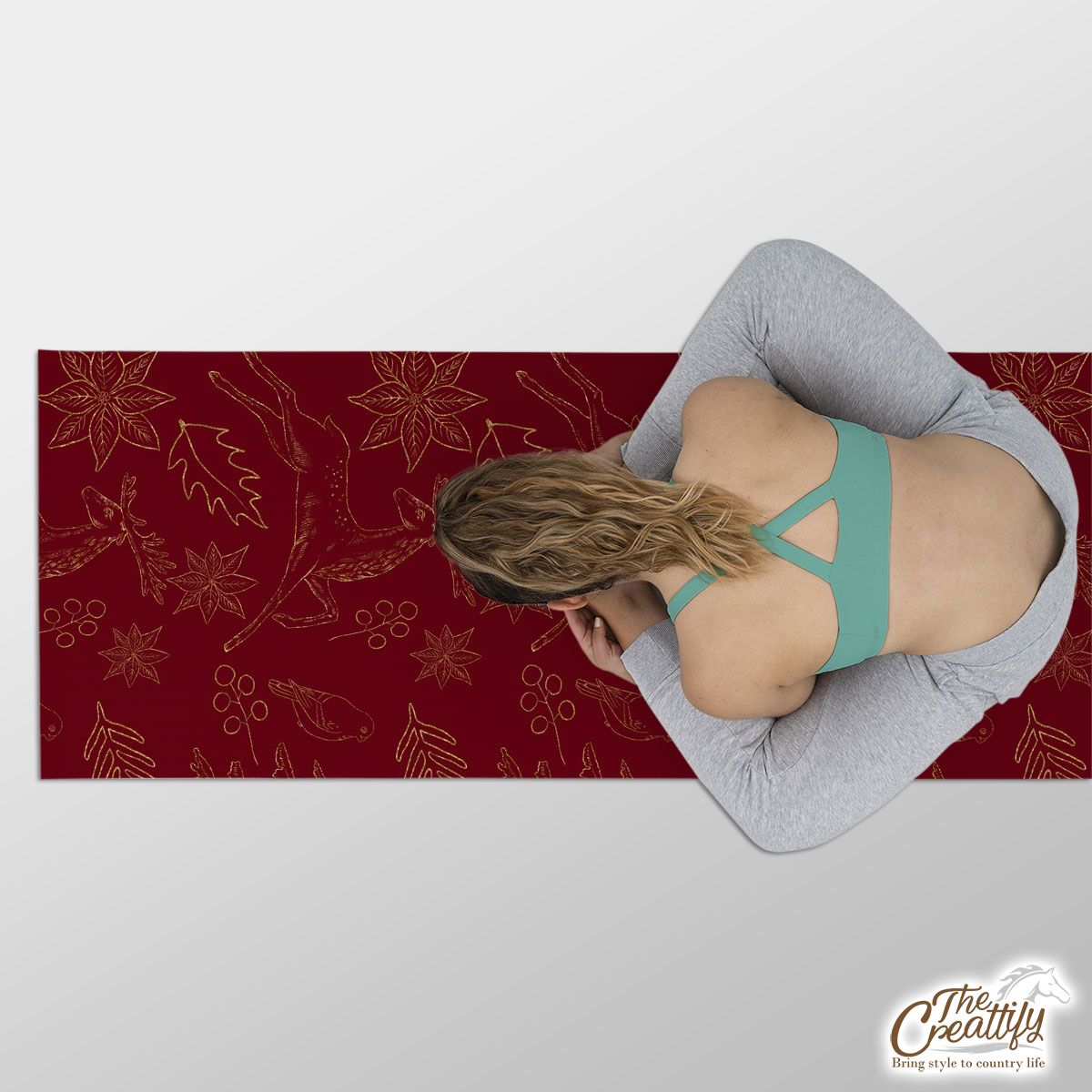 Poinsettia, Deer And Holly Leaf Pattern Yoga Mat