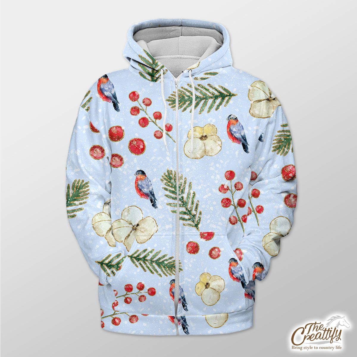 Bullfinch With Cotton And Thuja Pattern Zip Hoodie