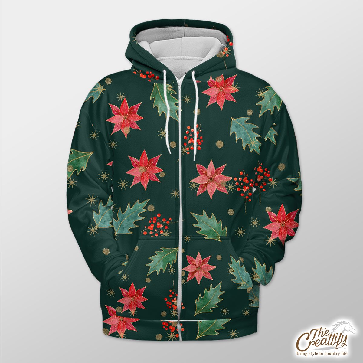 Poinsettias For Christmas And Holly Leaf Pattern Zip Hoodie