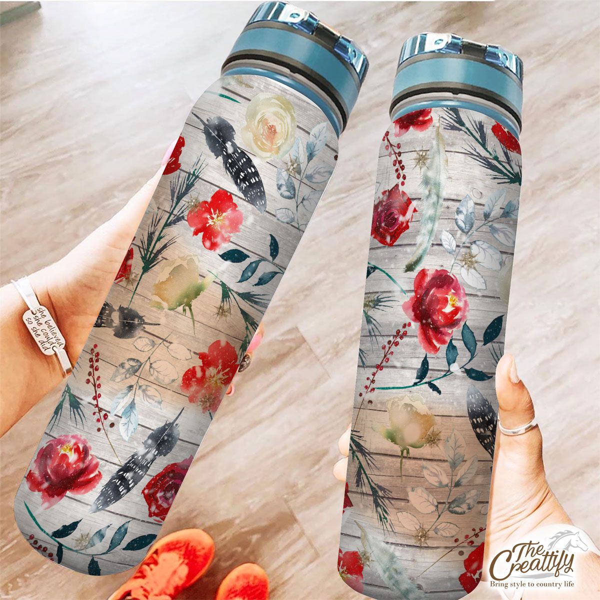 Florals With Red Berries Pattern Tracker Bottle