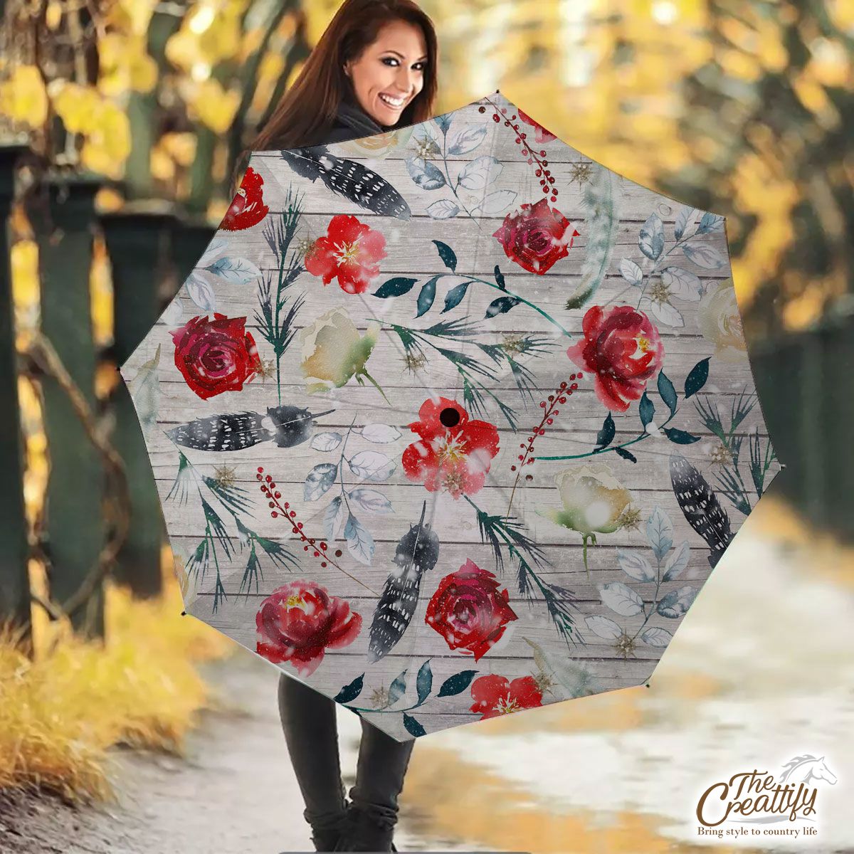Florals With Red Berries Pattern Umbrella