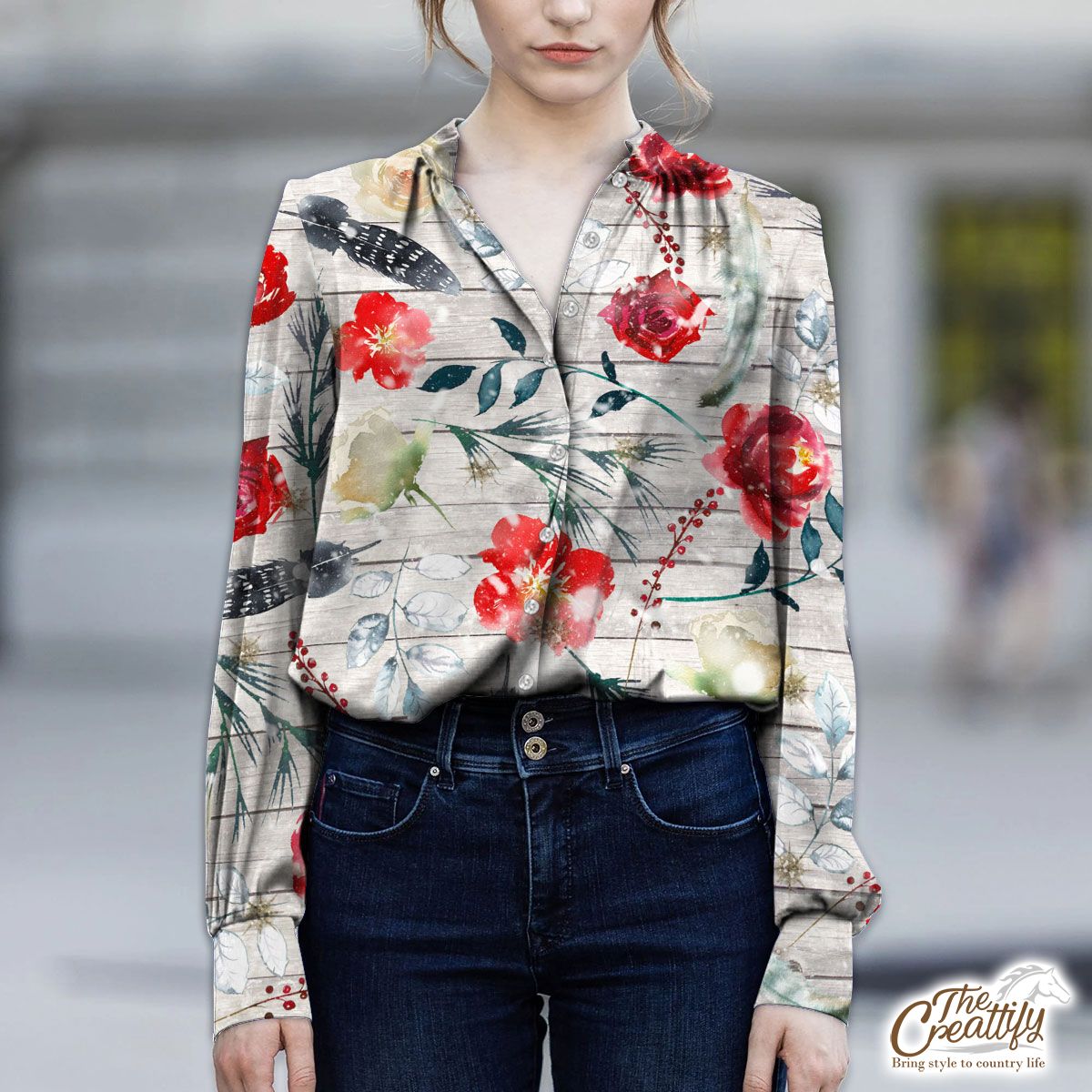 Florals With Red Berries Pattern V-Neckline Blouses