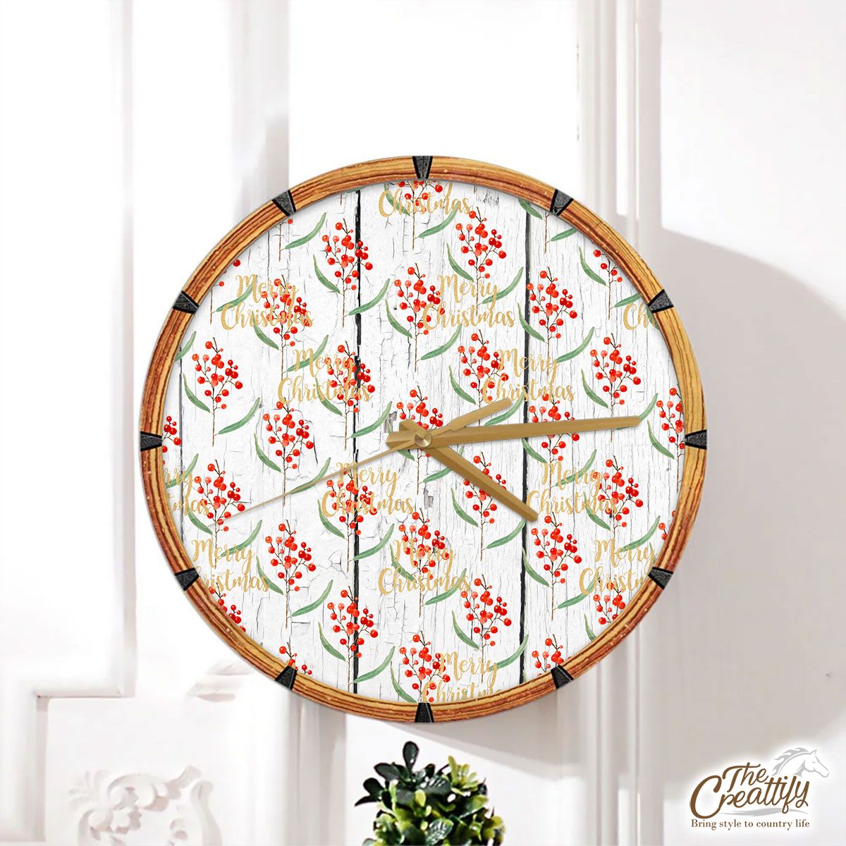 Red Berries With Merry Christmas Wishes Wall Clock