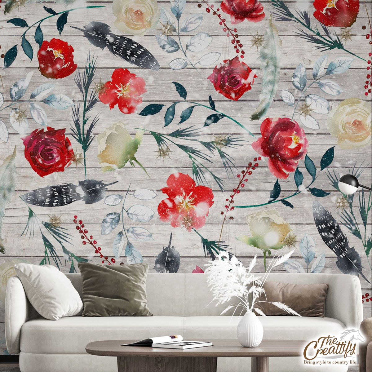 Florals With Red Berries Pattern Wall Mural