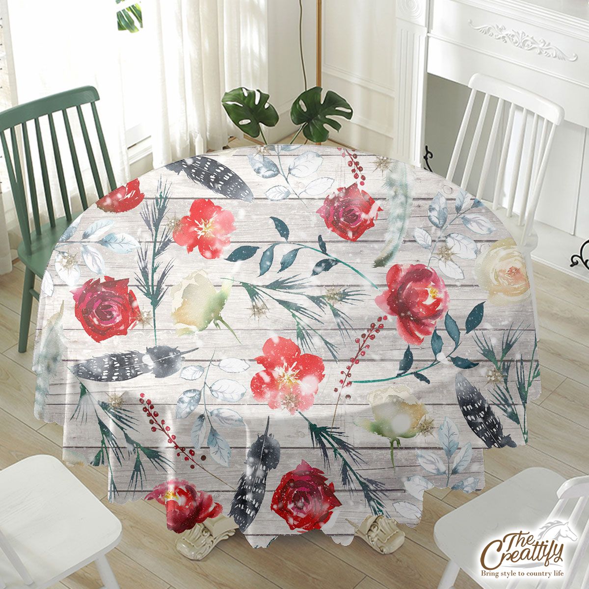 Florals With Red Berries Pattern Waterproof Tablecloth
