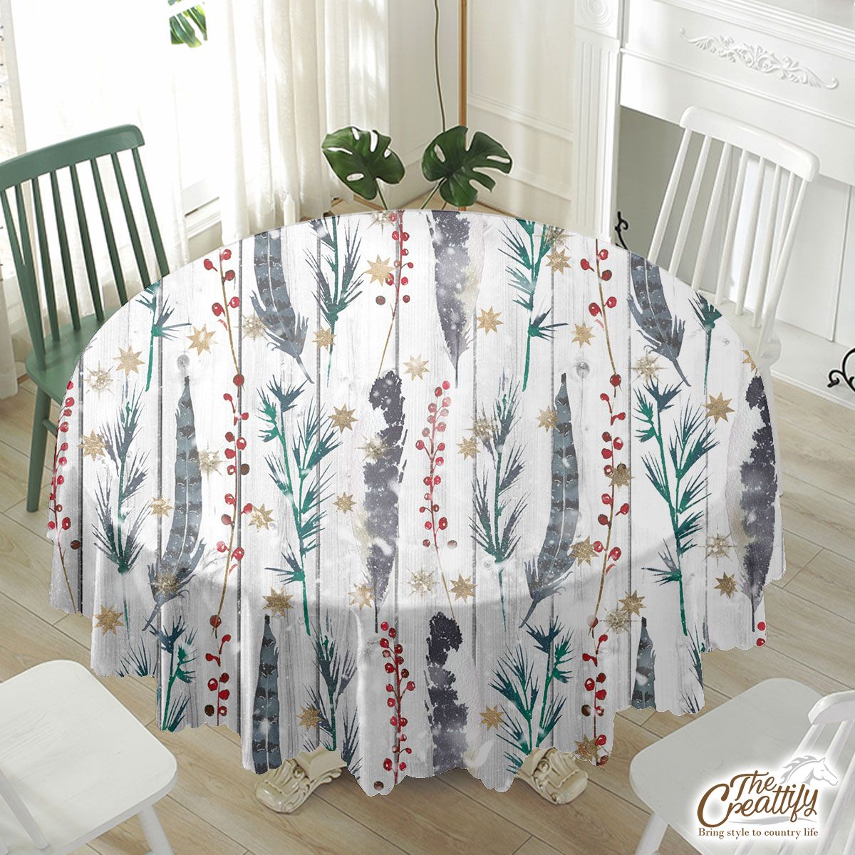 Pine Tree With Red Berries Pattern Waterproof Tablecloth