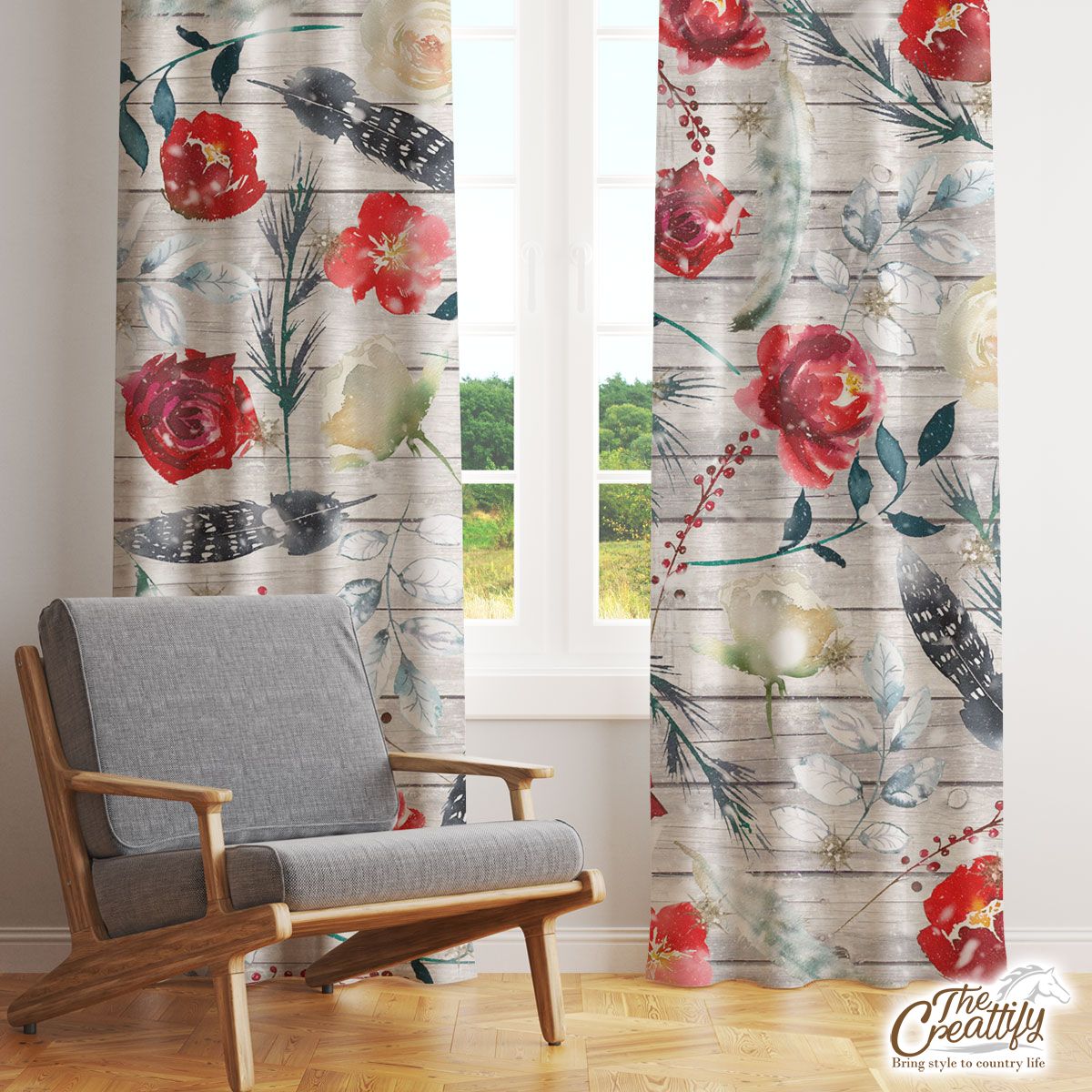 Florals With Red Berries Pattern Window Curtain