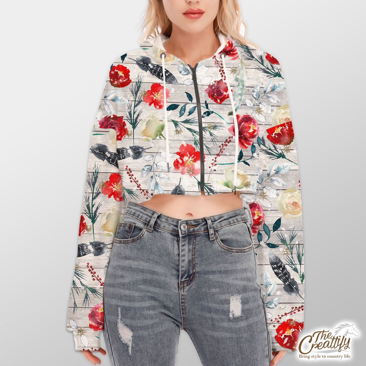 Florals With Red Berries Pattern Hoodie With Zipper Closure
