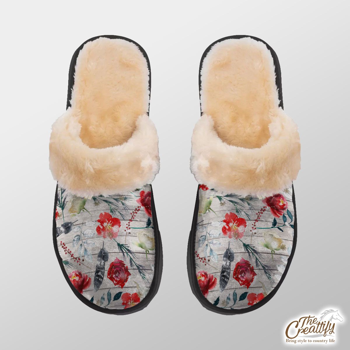 Florals With Red Berries Pattern Home Plush Slippers