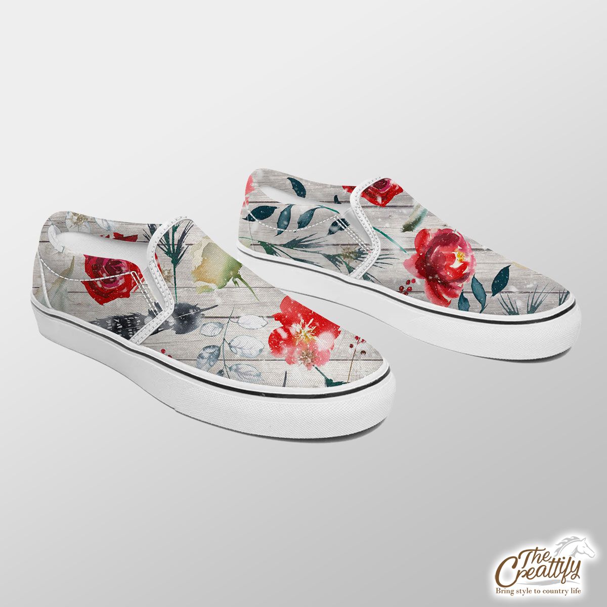 Florals With Red Berries Pattern Slip On Sneakers