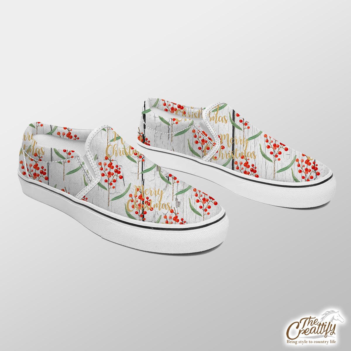 Red Berries With Merry Christmas Wishes Slip On Sneakers
