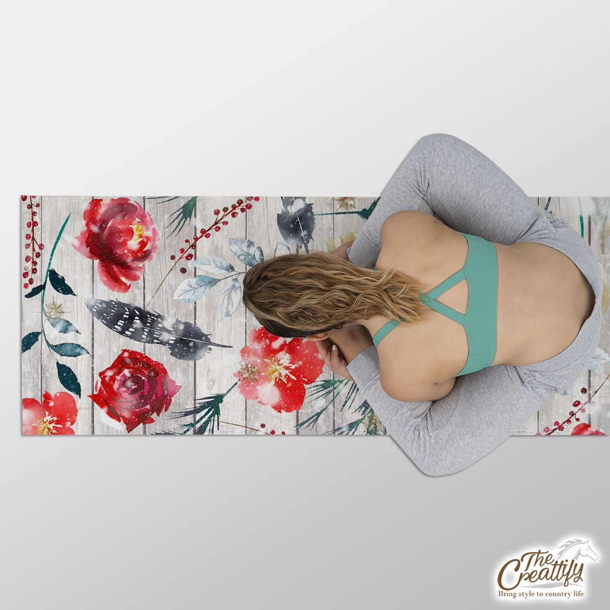 Florals With Red Berries Pattern Yoga Mat