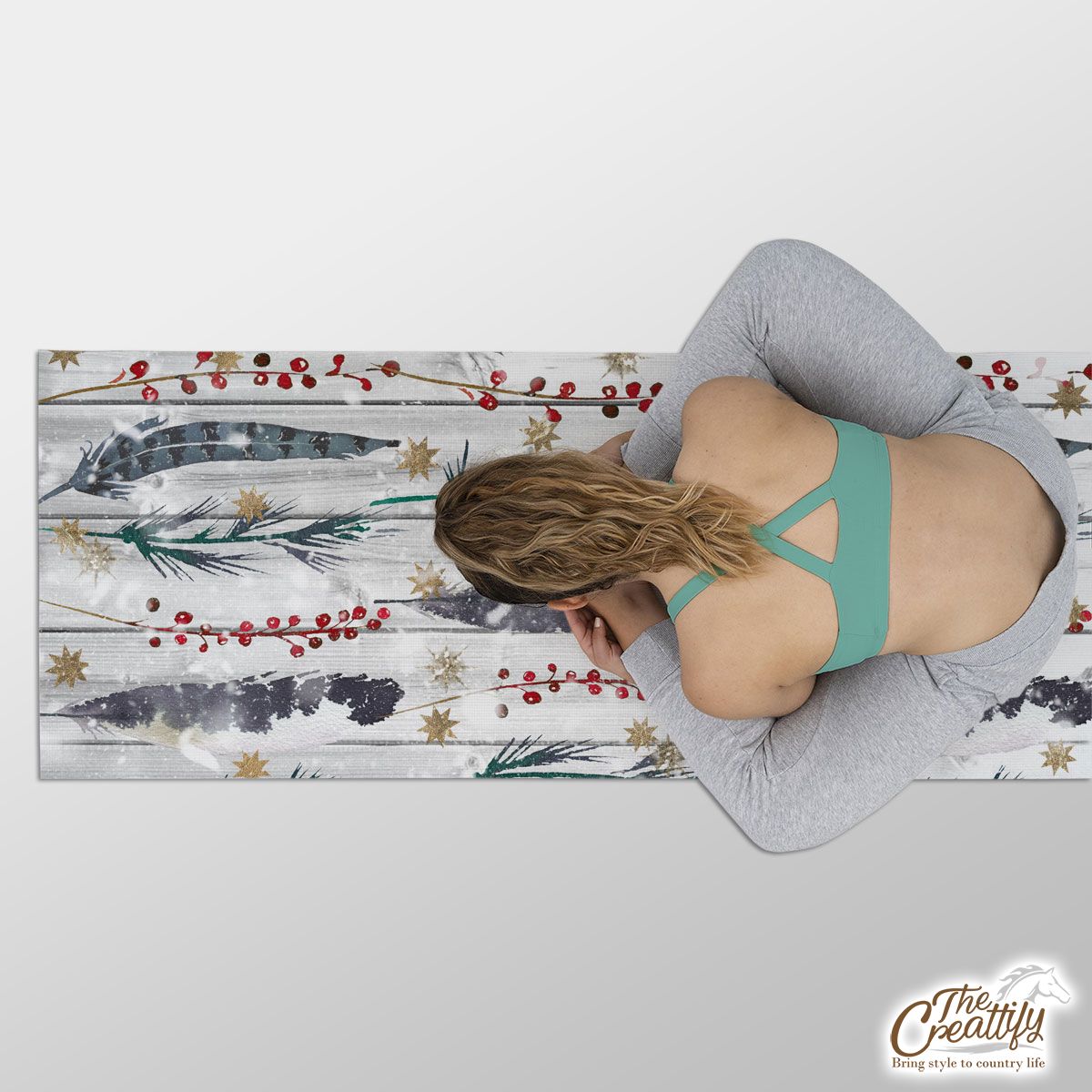 Pine Tree With Red Berries Pattern Yoga Mat