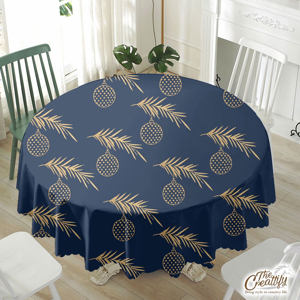 Christmas Balls With Long Leaf Pine Pattern Waterproof Tablecloth