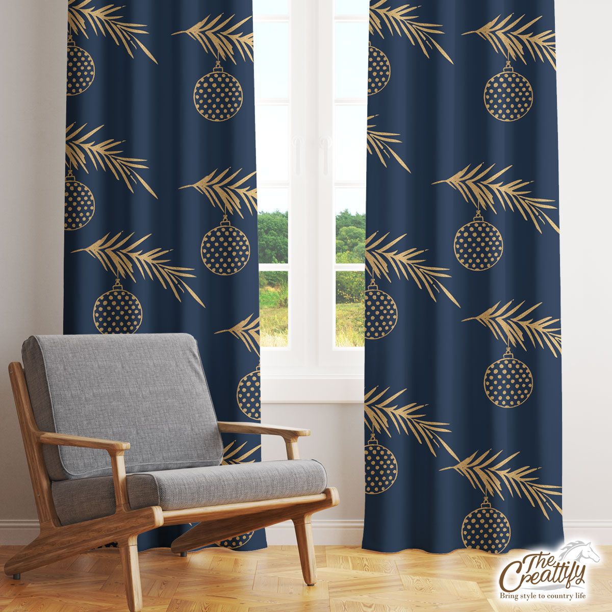 Christmas Balls With Long Leaf Pine Pattern Window Curtain