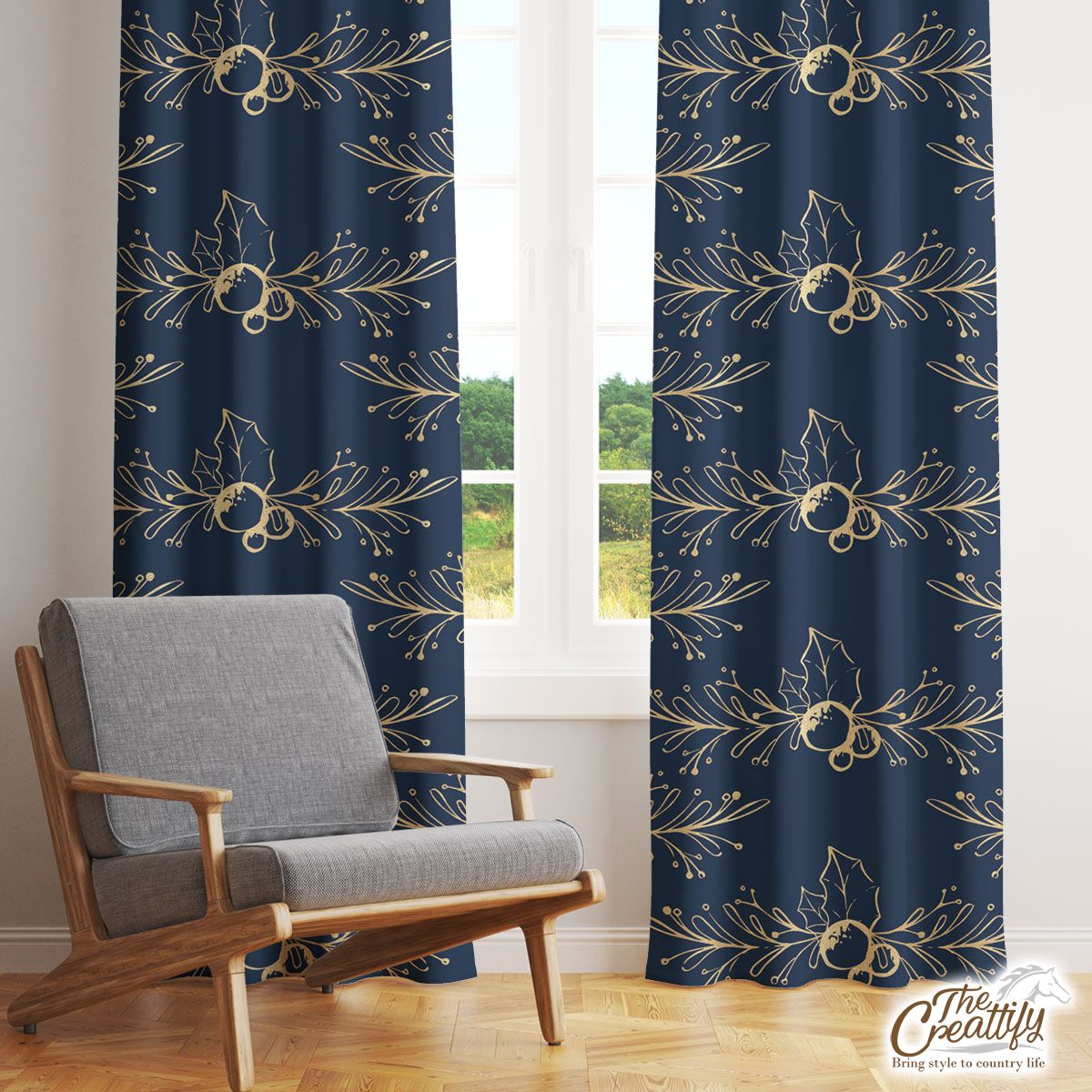 Gold And Blue Christmas Paper 1 Window Curtain
