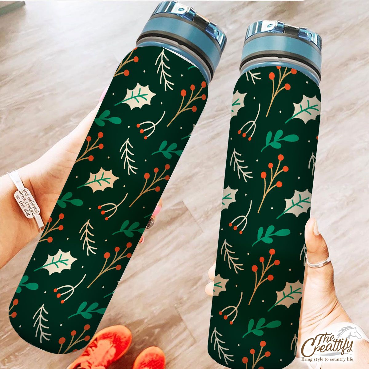 Red Berries And Holly Leaf Pattern Tracker Bottle
