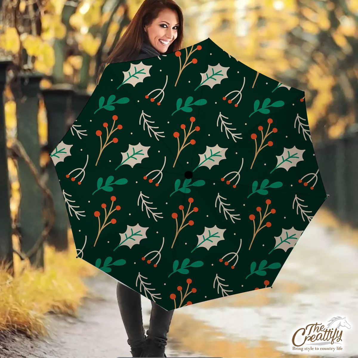 Red Berries And Holly Leaf Pattern Umbrella