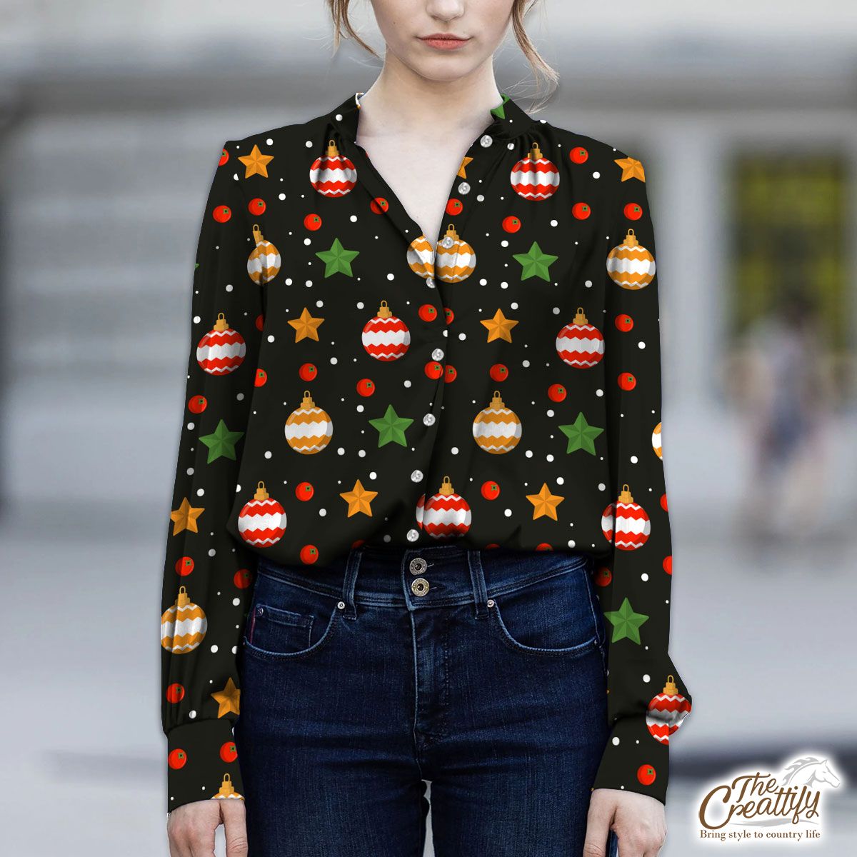 Christmas Star And Baubles Seamless Pattern V-Neckline Blouses