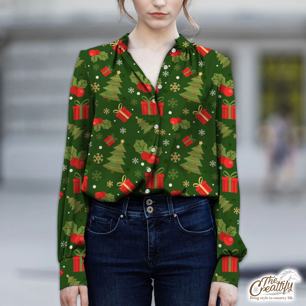 Christmas Tree With Holly Leaf And Presents V-Neckline Blouses