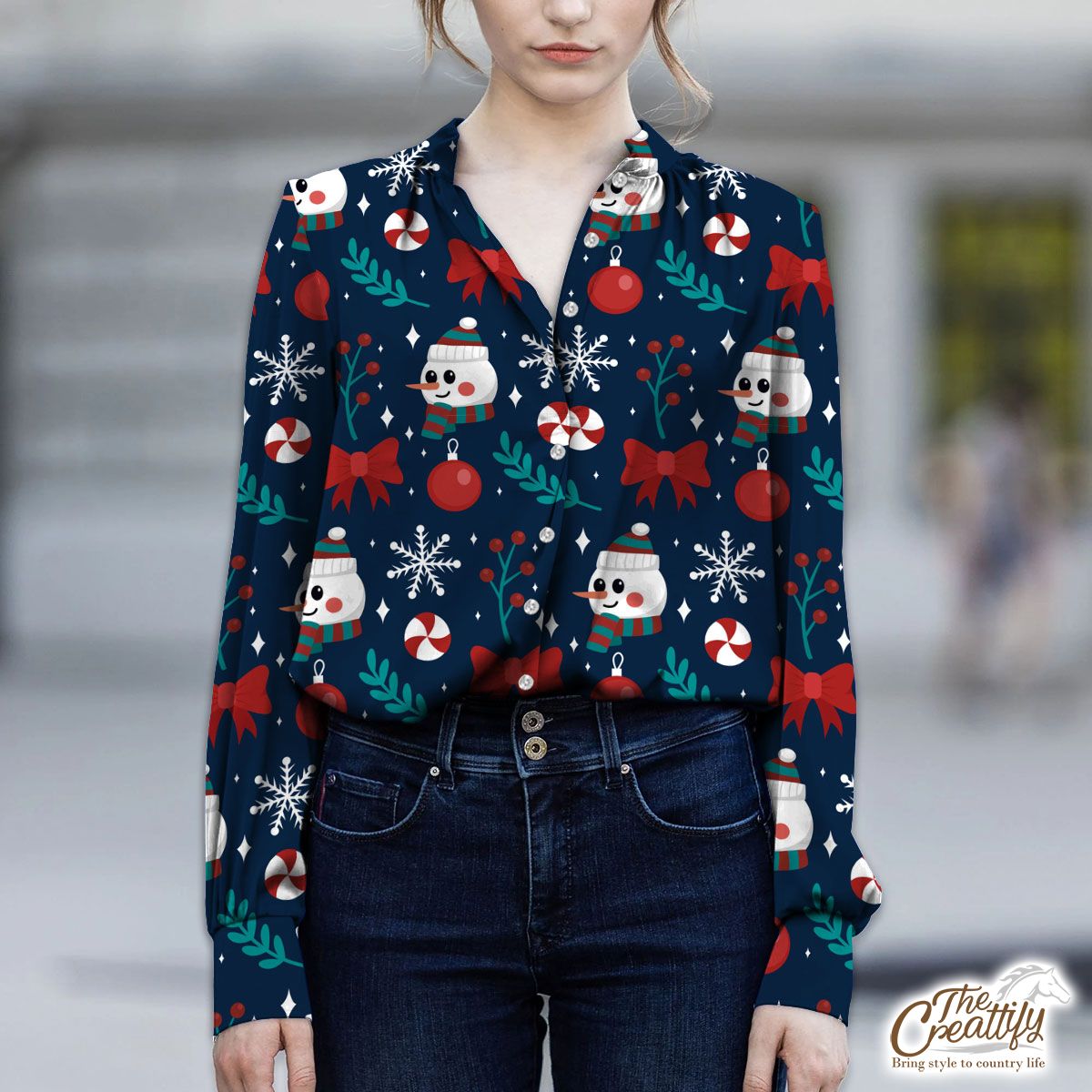 Snowman Face With Baubles And Christmas Bow V-Neckline Blouses