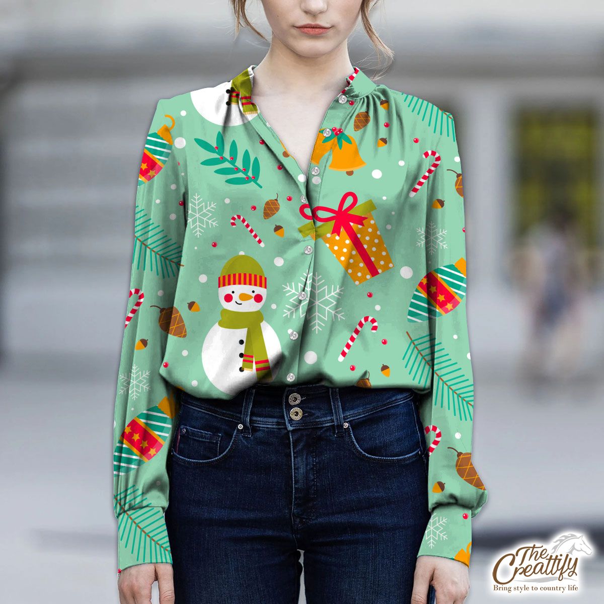 Snowman With Christmas Bells Pattern V-Neckline Blouses