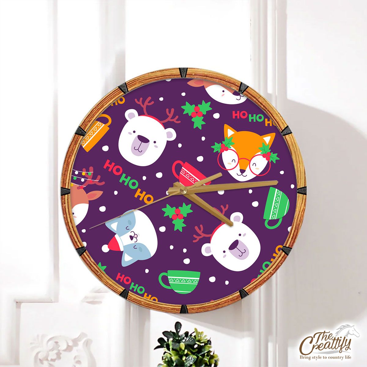 Animal With Tea Cup And Holly Tree Wall Clock
