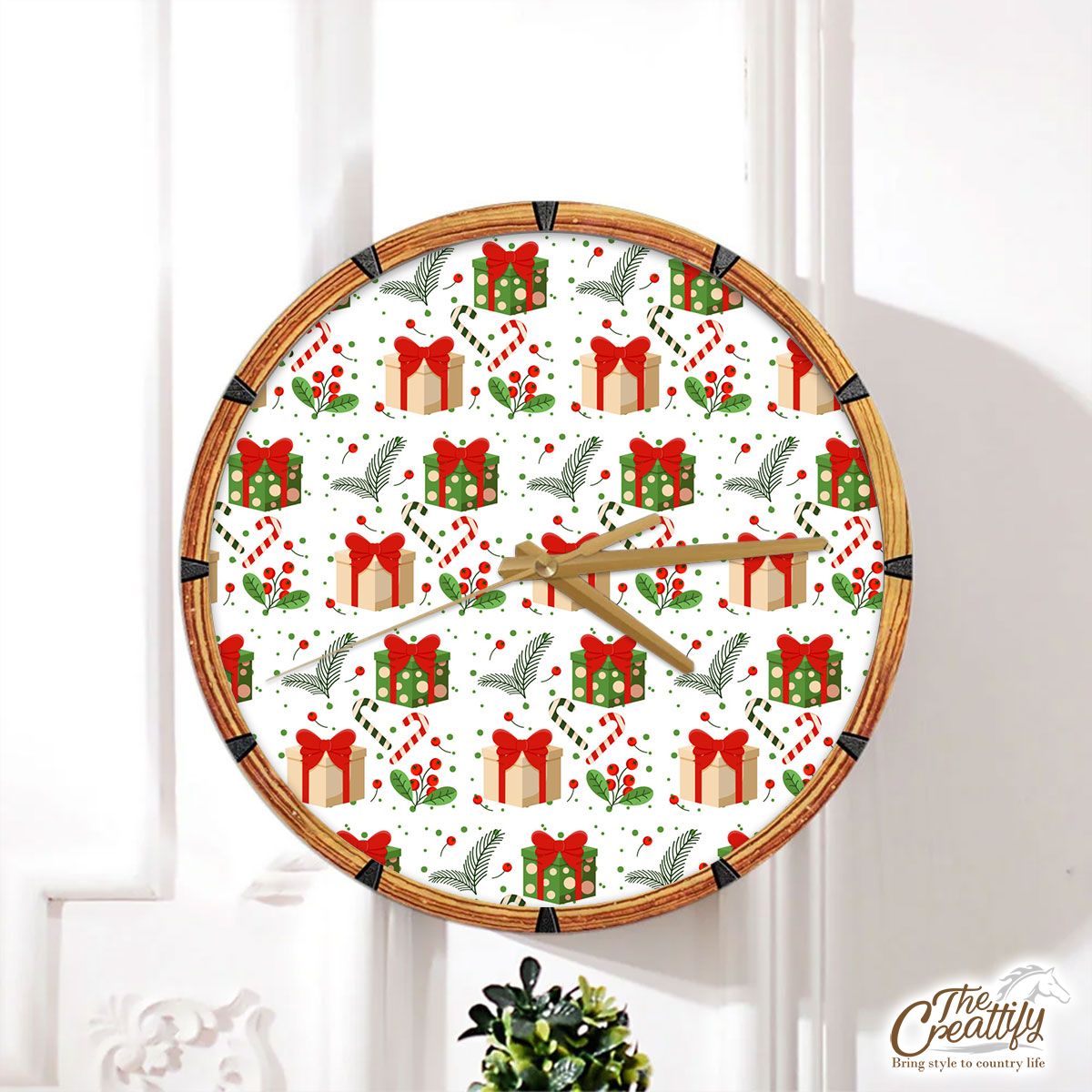 Christmas Gifts And Red Berries Wall Clock