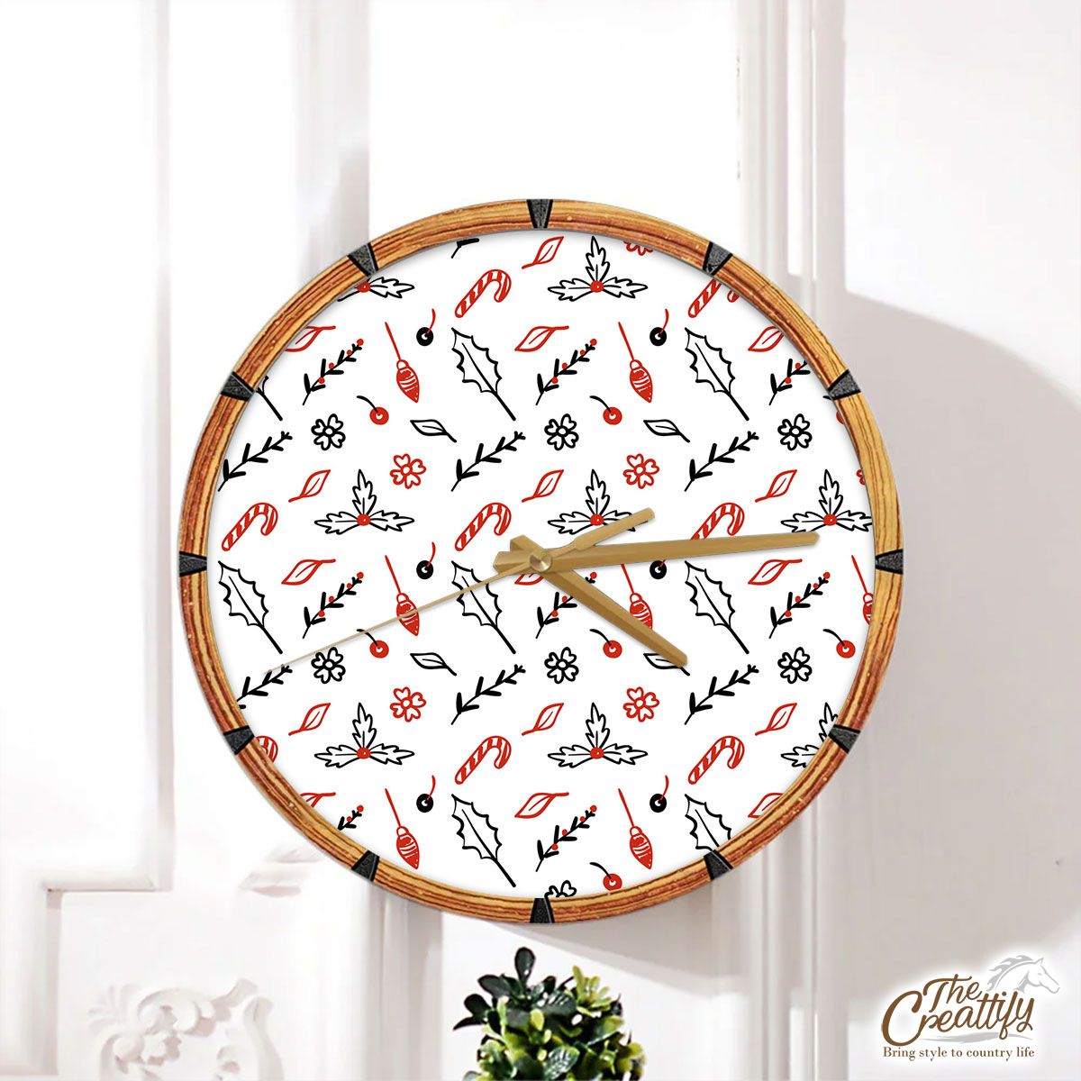 Christmas Lights, Candy Cane And Holly Tree Wall Clock